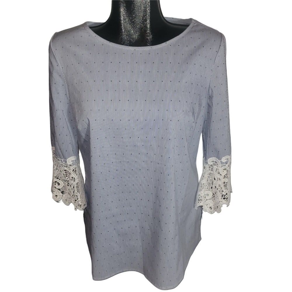 Counterparts Blue And White Pinstriped Top With Lace Cuffs Size S